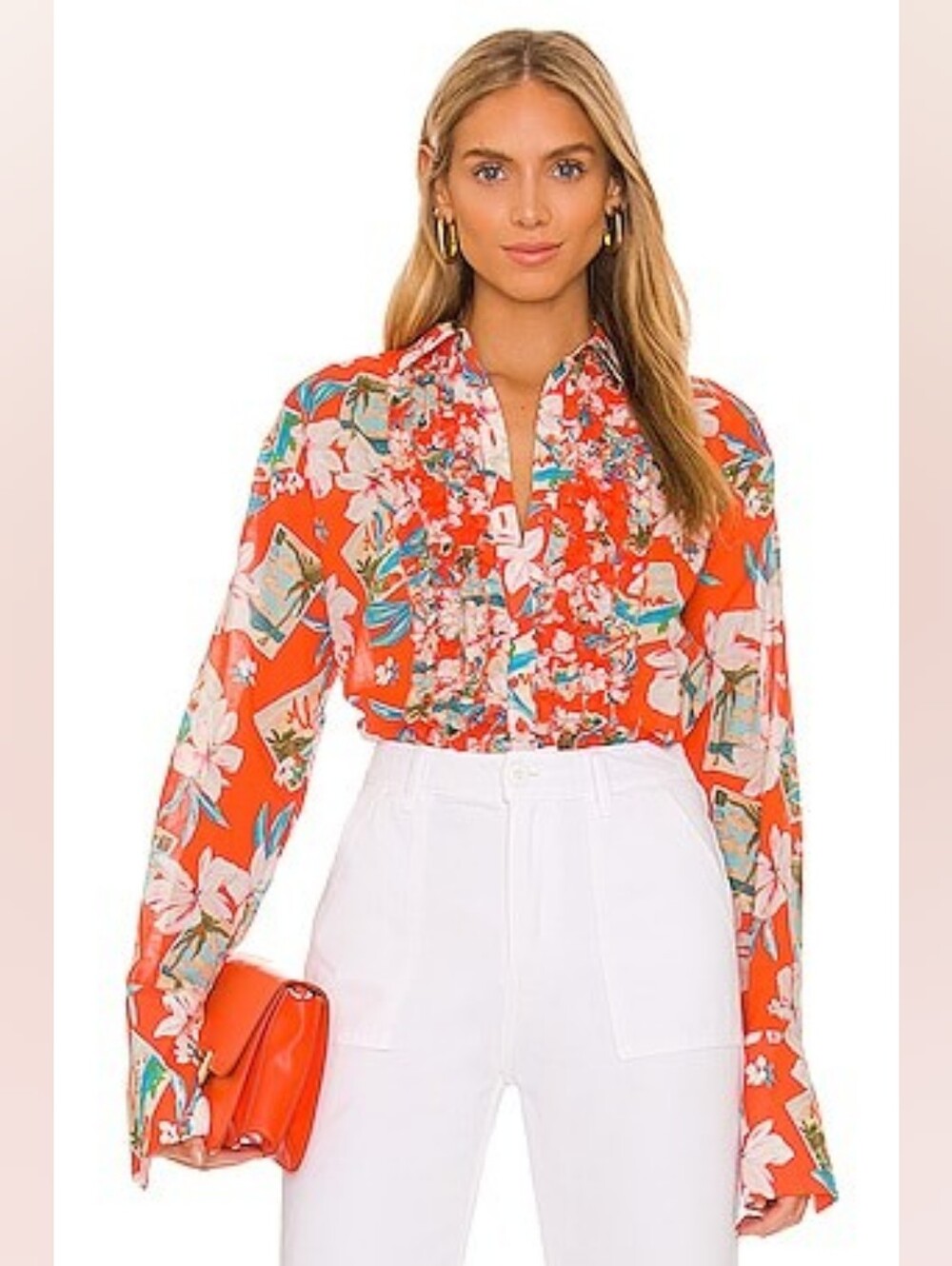 Le Superbe 100% Cotton Aloha Tropical Floral Ruffle Blouse Designer Size 0 XS/S